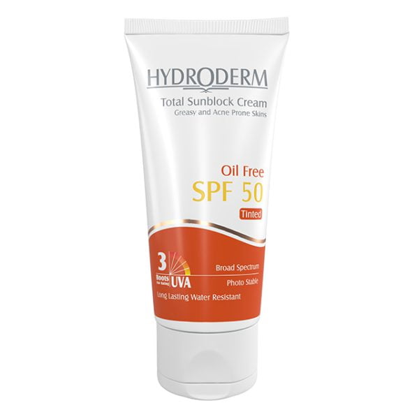 ضد آفتاب رنگی فاقد چربی هیدرودرم SPF50 مناسب پوست های چرب و آکنه دار ۵۰ میلی لیتر Hydroderm Total Sunblock Cream Oil Free Tinted SPF50 For Greasy And Acne Prone Skins 50 ml