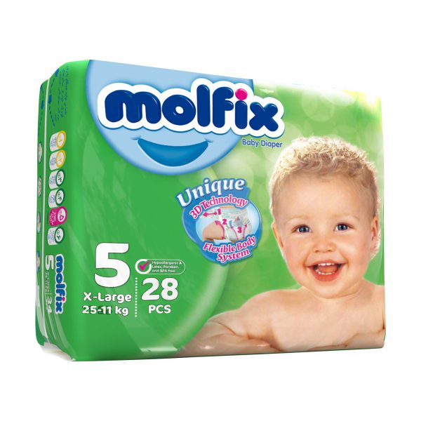 پوشک مولفیکس سایز 5 مخصوص کودکان 11 تا 25 کیلوگرم بسته 28 عددی Molfix 5 Baby Diapers 11-25 kg 28 PCS