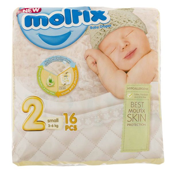 پوشک مولفیکس سایز 2 مخصوص نوزادان 3 تا 6 کیلوگرم بسته 16 عددی Molfix 2 Baby Diapers 3-6 kg 16 PCS