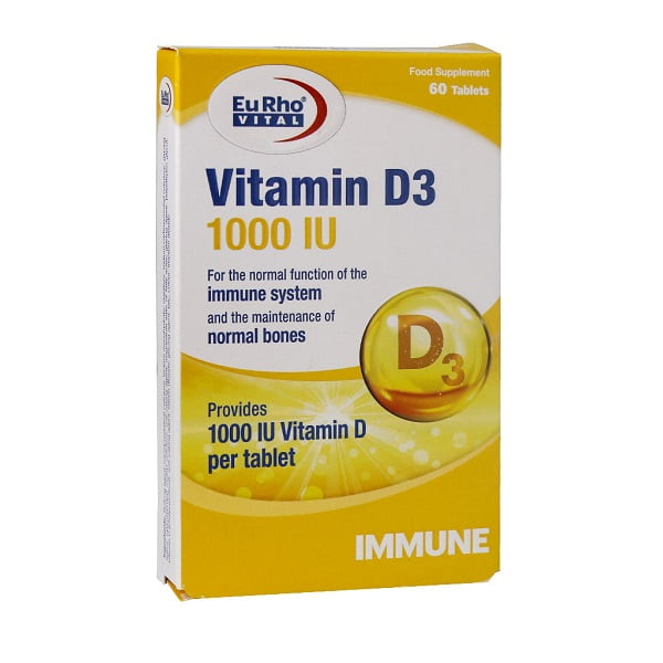 قرص ویتامین D3 1000 واحد یوروویتال 60 عدد Eurho Vital Vitamin D3 1000 IU 60 Tabs