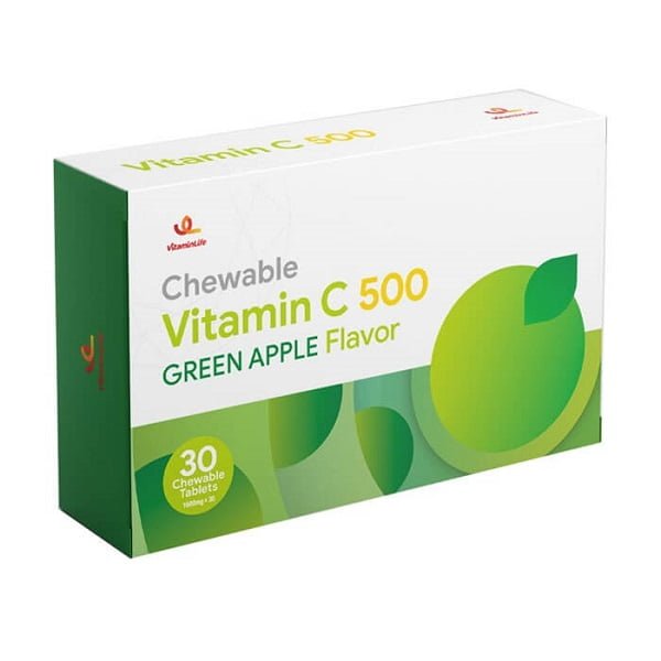 قرص جویدنی ویتامین ث 500 میلی گرم ویتامین لایف با طعم سیب Vitamin Life Vitamin C 500 Green Apple Flavor 30 Chewable Tabs