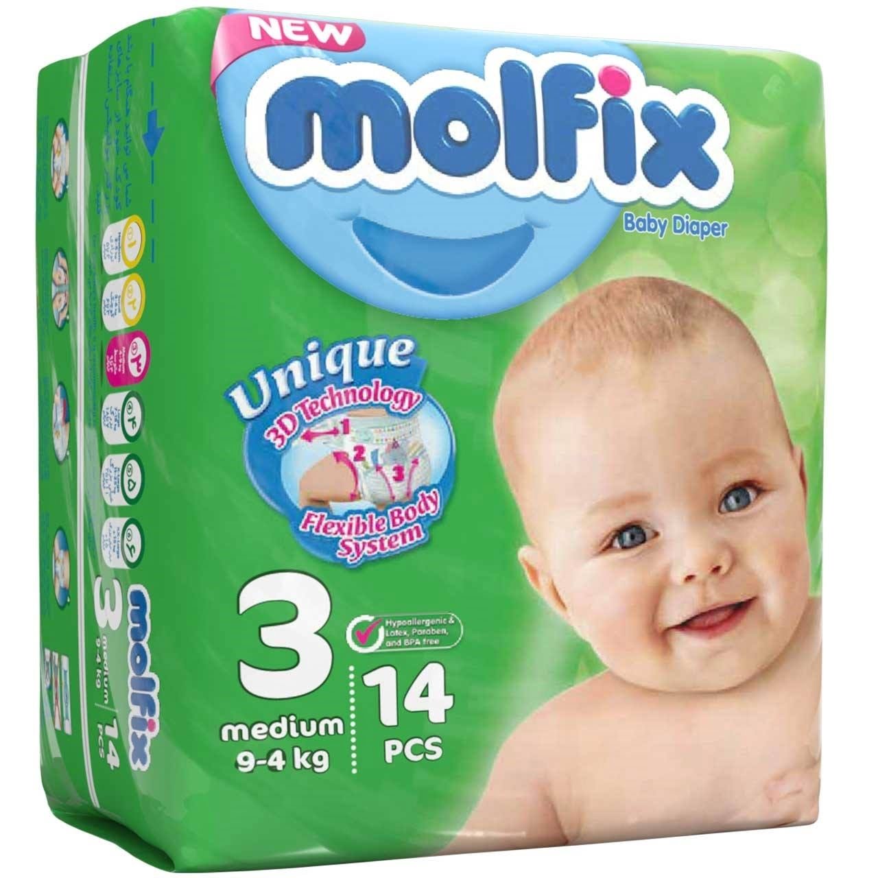 پوشک مولفیکس سایز 3 مخصوص کودکان 4 تا 9 کیلوگرم بسته 14 عددی Molfix 3 Baby Diapers 4-9 kg 14 PCS