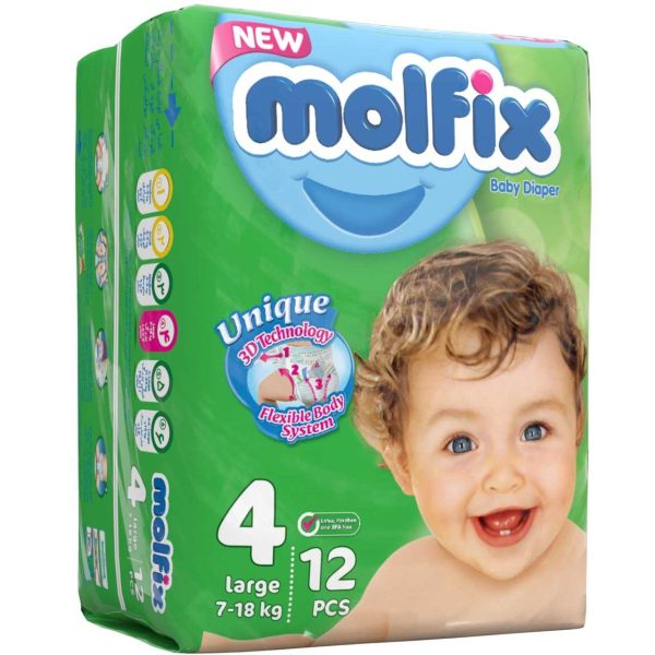پوشک مولفیکس سایز 4 مخصوص کودکان 7 تا 18 کیلوگرم بسته 12 عددی Molfix 4 Baby Diapers 7-18 kg 12 PCS