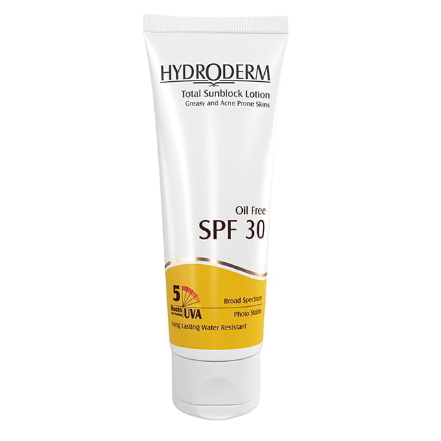 لوسیون ضدآفتاب SPF 30 فاقد چربی مناسب پوست های چرب و آکنه دار هیدرودرم 75 میلی لیتری Hydroderm Total Sunblock Oil Free Lotion SPF30 For Greasy And Acne Prone Skins 75 ml