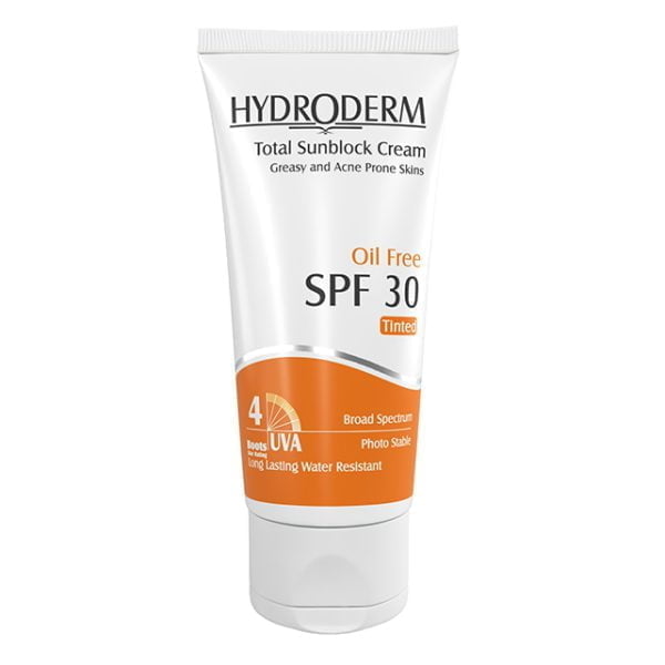 کرم ضدآفتاب رنگی SPF30 فاقد چربی مناسب پوست های چرب و جوش‌دار هیدرودرم 50 میلی لیتری Hydroderm Total sunblock SPF30 Tinted Cream For Greasy And Acne Prone Skins 50 ml