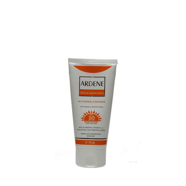 كرم ضد آفتاب رنگی فاقد جاذب های شیمیایی SPF 30 آردن برای پوست های معمولی و حساس 50 گرمی Ardene Dermocosmetics No Chemical Sunscreens SPF 30 Tinted Total Sunblock Cream For Normal & Sensitive Skins 50